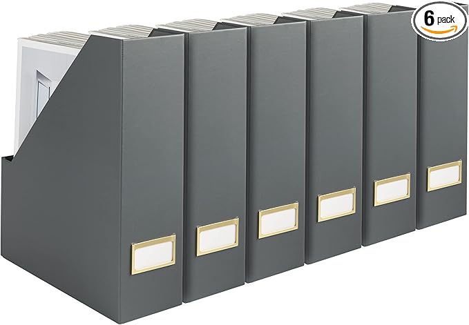BLU MONACO | Set of 6 Foldable Grey Magazine File Holders with Gold Label Holders | Vertical File Organizer Boxes for Desk, Bookshelf & Home Office Storage