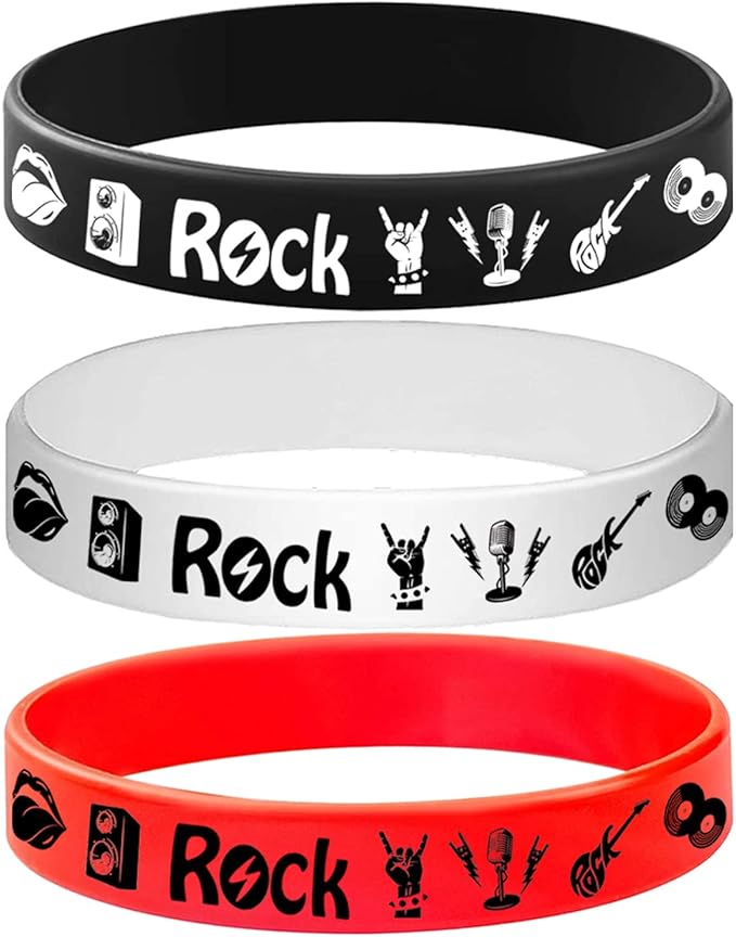 48PCS Rock and Roll Rubber Bracelets Silicones Wristbands -80s 90s Themed Musician Guitar Rap Party Supplies Decorations Birthday Baby Shower Party Favors
