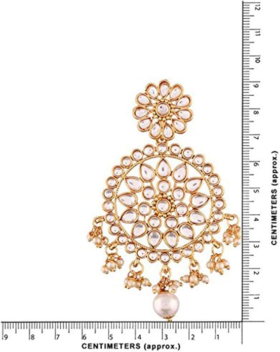 Aheli Ethnic Faux Kundan Drop Pearl Beads Dangle Earrings Maang Tikka Set Bollyood Fashion Jewelry for Women & Girls