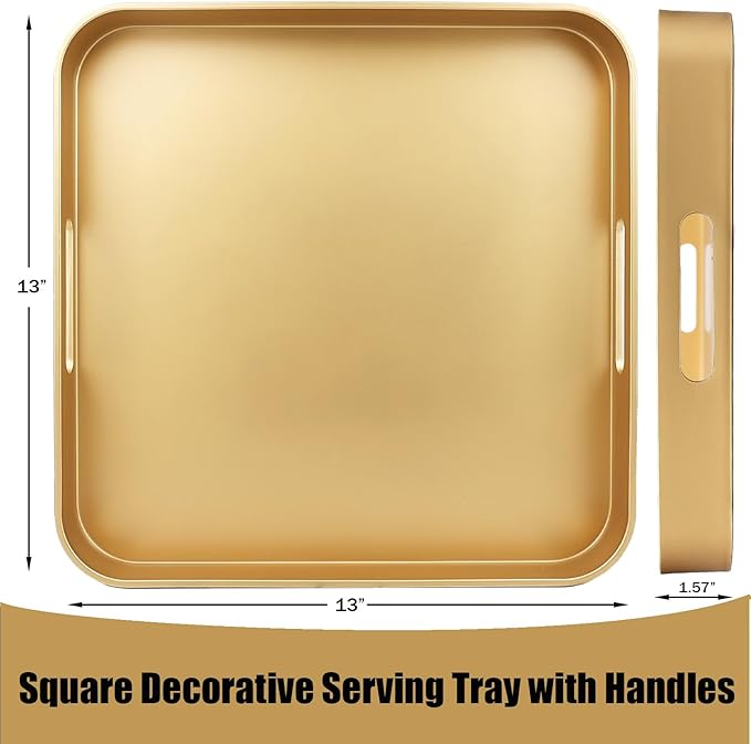 Omuriko Gold Square Decorative Tray with Handles, 13"*13" Versatile Serving Tray for Coffee Table, Ottoman, Ideal for Serving, Displaying, Organizing