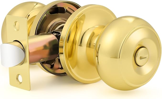 Probrico Privacy Door Knobs Lock Interior Bedroom Bathroom Door Handle Polished Brass Round Ball Keyless Lockset 4 Pack