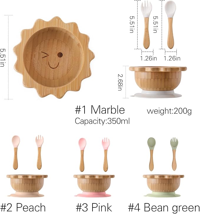 Suction Bowl for Baby Kid Toddler Bamboo Bowl Spoon Fork Set with Removable Silicone Suction All-Natural Baby Feeding Set for Baby-Led Weaning Fits Feeding High Chair Table