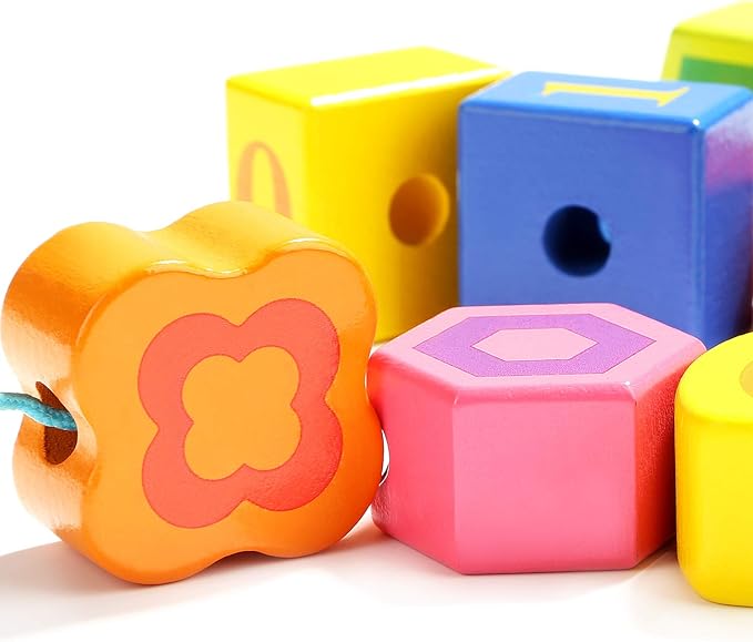 TOP BRIGHT Wooden Lacing Beads for Toddlers, Kids Fine Motor Skills Montessori Toys for 2 Year Old Girls Boys, Threading Toys for Two Year Old Girl Birthday Gifts