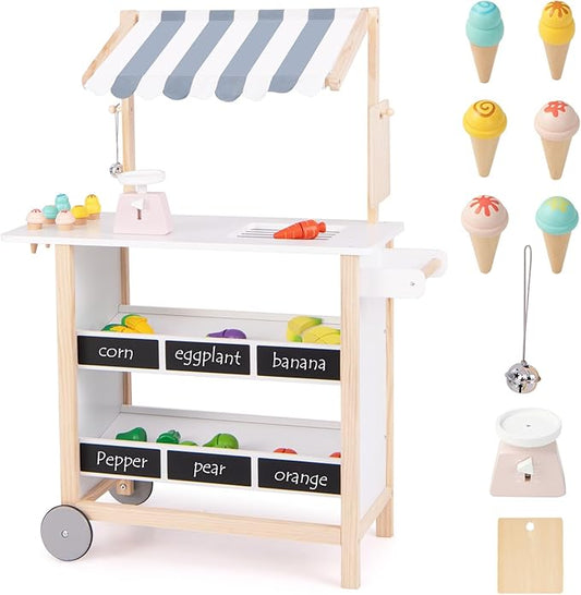Fireflowery Kids Grocery Store Pretend Play, Wooden Ice Cream Cart w/ 6 Pieces Play Food, Bell, Scale, Toy Grocery Store Playset, Play Store for Kids, Toddlers, Boys, Girls Age 3+ (White Canopy)