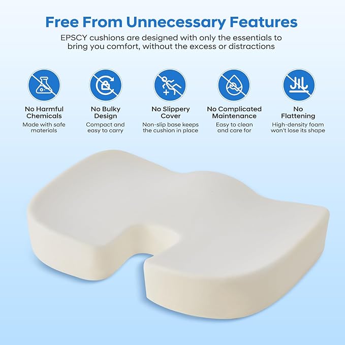 EPSCY Memory Foam Seat Cushion, Black, Ergonomic Comfort for Office Chair, Car, Airplane & Bleacher, U-Shaped Design for Enhanced Support & Comfort, Portable, Non-Slip, Washable Cover for Everyday Use