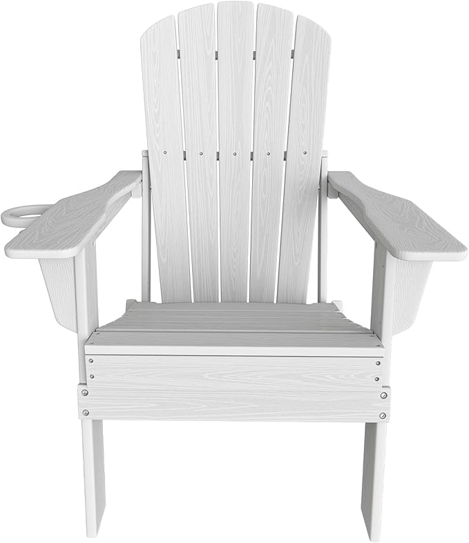 Plawdlik Folding Adirondack Chair, SGS Tested, Wooden Textured with Cup Holder, Heavy All-Weather HDPE Comfortable Set Poolside Backyard Lawn White Set 4