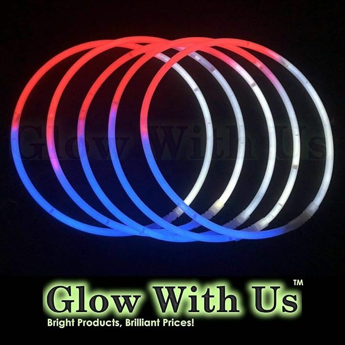Glow Sticks Bulk Wholesale Necklaces, 600 22” Red-White-Blue Glow Stick Necklaces, Bright PatrioticColors, Glow 8-12 Hrs, Connector Pre-Attached, Sturdy Packaging, GlowWithUs Brand