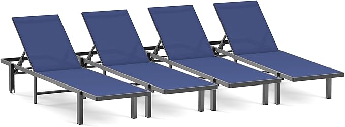 Pool Chaise Lounge Chair Set of 4, Outdoor Lounge Chairs with Wheels, 5-Position Adjustable Sun Loungers for Outside, Deck, Beach, Navy Blue