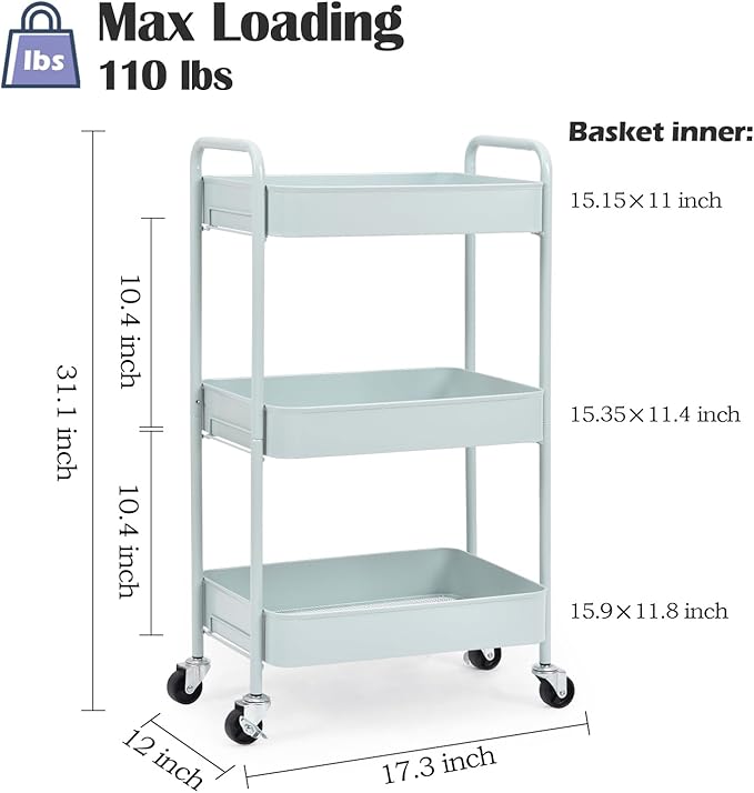 TOOLF 3-Tier Metal Rolling Cart with Wheels, Storage Utility Organizer Cart for Kitchen, Bathroom, Office, Baby Essentials & Makeup - Lockable Casters, Easy Assembly, Large Capacity, Green