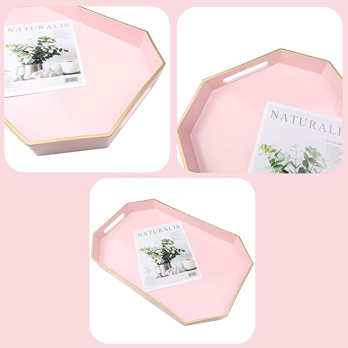 Omuriko Pink Decorative Tray with Handles, Versatile Serving Tray for Coffee Table, Ottoman, Ideal for Serving, Displaying, Organizing, 15.7"*10.2"*1.57"