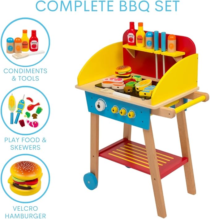 Cook 'N Grill Wood Toy BBQ Set- Pretend Play Wooden Barbeque Food & Grilling Tools for Kids, 30+ Pieces Feat Spatula, Burger & More, Fun Indoor Activity Playset, Daycare, Playroom Centers or Gift