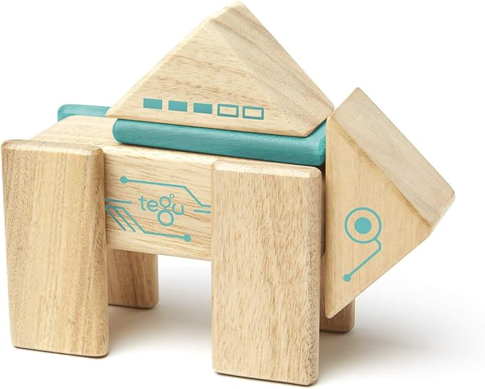 Tegu Robo Magnetic Wooden Block Set, Electric Aqua, 8 PIECE