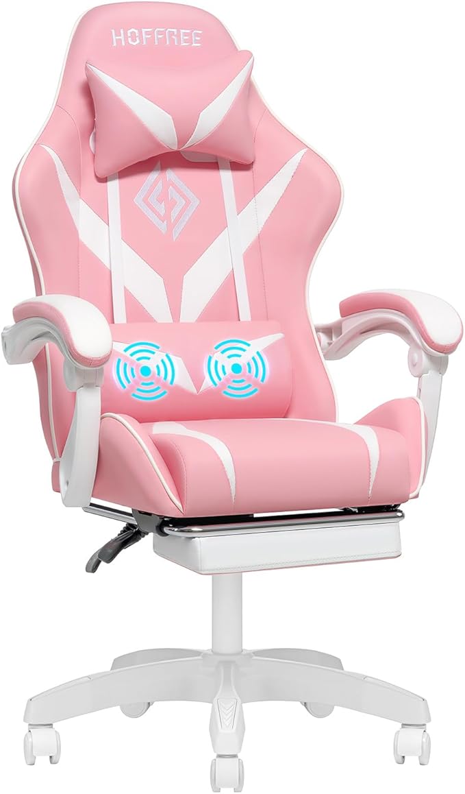 HOFFREE Pink Gaming Chair with Massage for Girls Cute Computer Gamer Chair with Footrest and Lumbar Support Reclining PC Game Chair with Headrest for Gaming Room