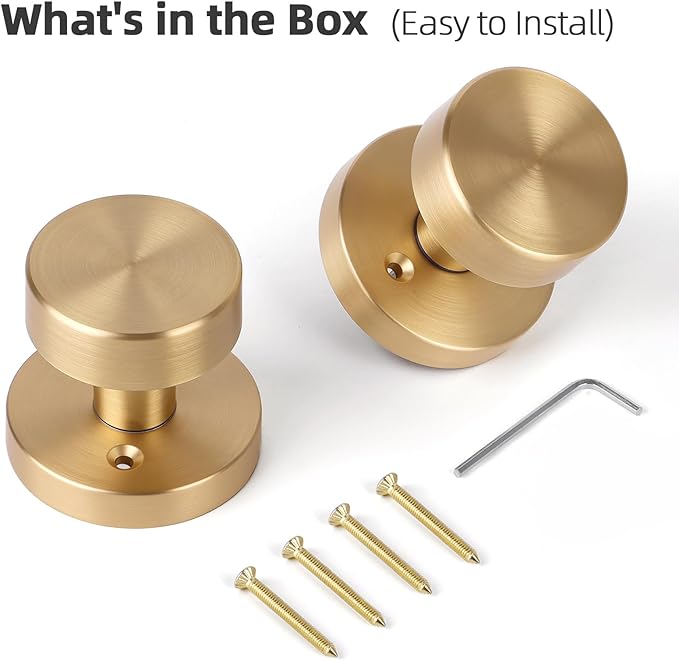 2 Pack Brushed Brass Dummy Door Knobs Interior, Satin Brass Door Knob Round Modern Gold Dummy Door Handle Interior for Hall Pantry Closets