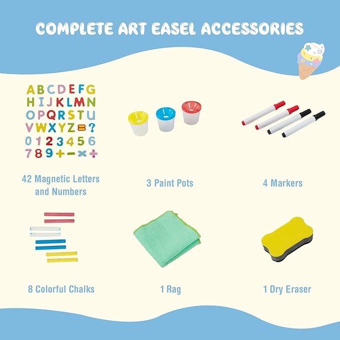 HONEY JOY Easel for Kids, Wooden Height Adjustable Double-Sided Toddler Easel w/Magnetic Chalkboard & White Board, Paper Roll, 60+ Painting Accessories, Magnetic Letters, Art Easel for Boys Girls