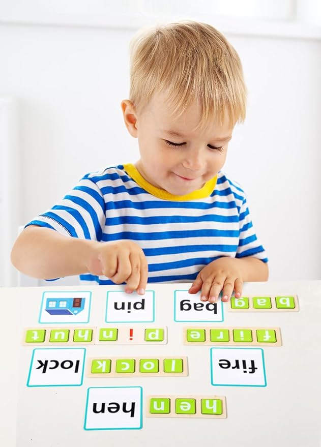 Wooden CVC Word Spelling Games for Kids Ages 3-6, Montessori Educational Toys, Preschool Kindergarten Learning Activities for Toddlers 3 4 5 6 Years Old, Wooden Spelling Blocks