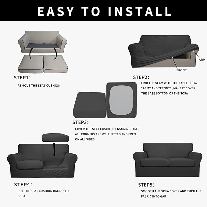 Easy-Going 100% Dual Waterproof Oversized Loveseat Cover Stretch Soft Couch Cover for Dogs, Sofa Slipcover for 2 Separate Cushion Couch Leakproof Furniture Protector for Kids, Pets Dark Gray