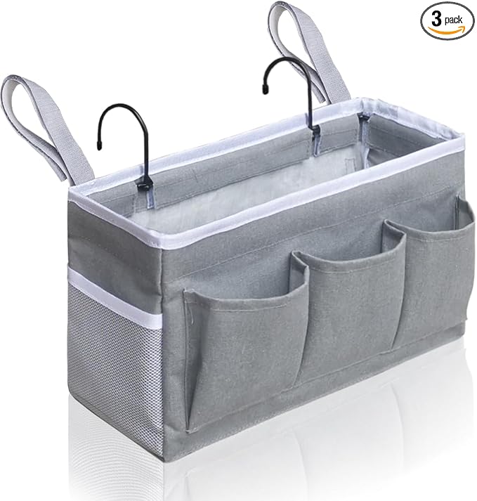 Beside Caddy Storage Organizer, Hanging Bag Holder with Pockets for Bedroom, Loft Bed Tent, Bed Curtain, Top Bunk bed Shelf Accessories Bedside Caddy 3-pocket (Gray_1pcs)