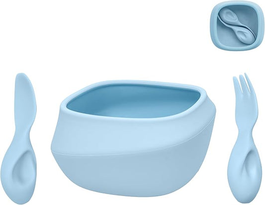 Toddler Utensils Set Ergonomic Fork and Spoon and Bowl Set Non-Slip Design for baby 12+ Month Self-Feeding Olds BPA Free Silicone Microwave and Dishwasher Safe Fine Motor Skills (Blue)