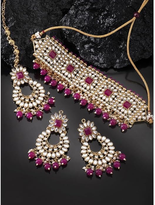 Aheli Bridal Kundan Faux Pearl Choker Necklace with Earrings Maang Tikka Gift for Women Indian Traditional Bollywood Fashion Jewelry Set