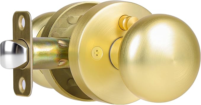Gold/Brass Door Knob, Privacy Door Knobs Interior with Push-Button, Vintage Door Knob with Lock for Bedroom and Bathroom, 1 Pack