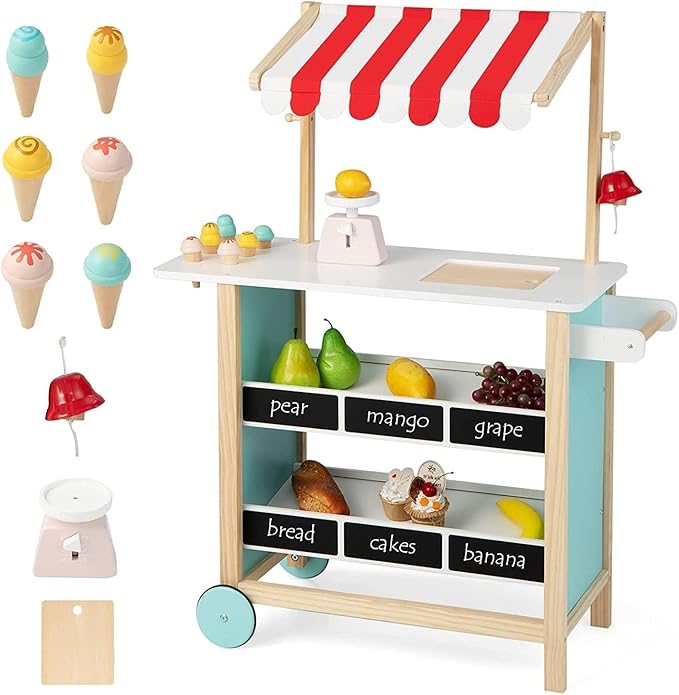 Fireflowery Kids Grocery Store Pretend Play, Wooden Ice Cream Cart w/ 6 Pieces Play Food, Bell, Scale, Toy Grocery Store Playset, Play Store for Kids, Toddlers, Boys, Girls Age 3+