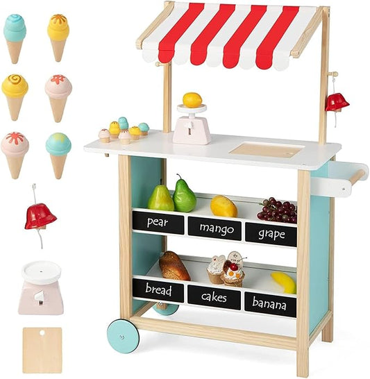 Fireflowery Kids Grocery Store Pretend Play, Wooden Ice Cream Cart w/ 6 Pieces Play Food, Bell, Scale, Toy Grocery Store Playset, Play Store for Kids, Toddlers, Boys, Girls Age 3+