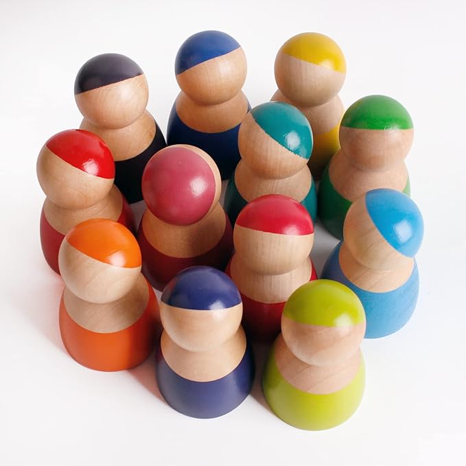 SHIERDU 12 PCS Rainbow Wood Peg Dolls Wooden Pretend Play People Figures for Toddlers Preschool Learning Educational Toys Wooden Toddler Toys for Boys Girls