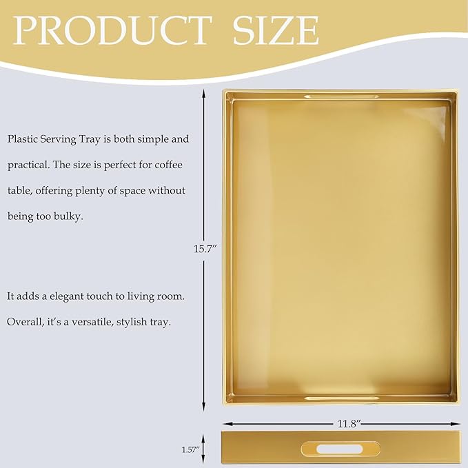 Spsyrine Gold Plastic Serving Tray for Ottoman, Coffee Table, Rectangle Decorative Tray for Entertaining, Outdoor, Living Room, Home Decor