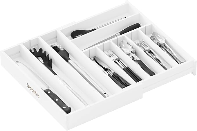 SpaceAid 2.5" High Bamboo Silverware Drawer Organizer with Labels, Kitchen Utensil Expandable Tray Holder for Flatware, Cutlery, Spoon and Knives Drawer Storage Organization (White)