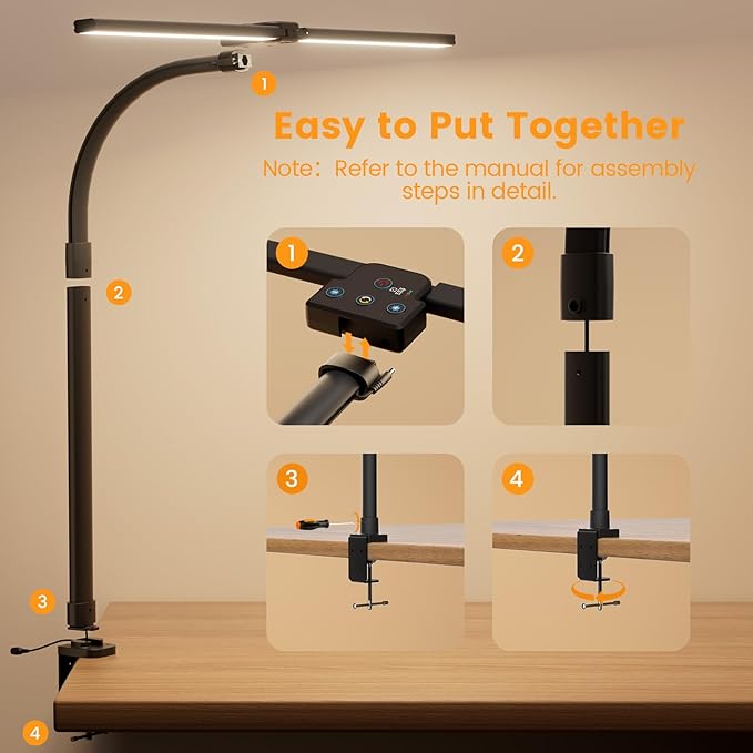 LED Desk Lamp for Home Office - 24W Computer Lamp with Remote Control, Dual Head Desk Light Bar with Clamp, 5 Color & Brightness Adjustable, Tall Flexible Task Monitor Lighting, Black