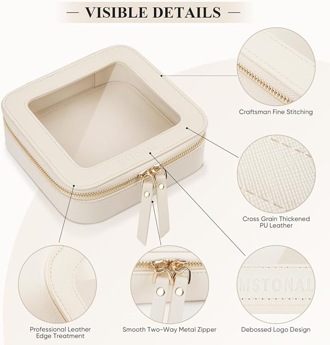 MSTONAL Clear Makeup Bag, Travel Toiletry Bag Cosmetic Case for Women, Waterproof Portable Small Make Up Skincare Pouch with Zipper, Compact Car Organizer Bag for Essentials, Mini Size, Beige