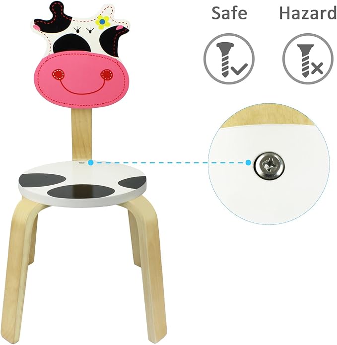 iPlay, iLearn 10 Inch Kids Solid Hard Wood Animal Chair, Stackable Wooden Finished, Preschool, Daycare, Bedroom, Playroom, Nursery Seat, Cow Furniture Stool for Toddlers, Children, Boys, Girls