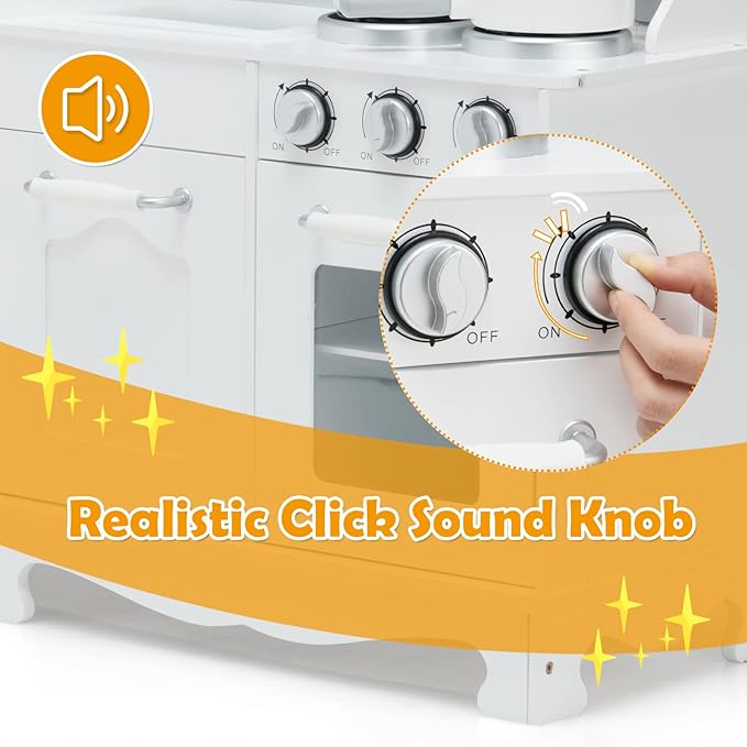 ARLIME Kids Kitchen Playset, Wooden Toy Toddler Kitchen w/Simulated Sound, Sink, Stovetop, Microwave, Refrigerator, Pretend Play Kitchen Great Gift for Boys Girls