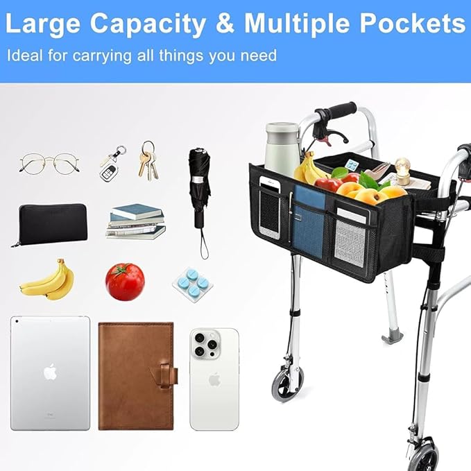Wheelchair Carry Bag Arm Rest Pouch Rollator Walkers Knee Scooters Storage Organizer Elderly Seniors Water Cup Holder Foldable with Big Capacity