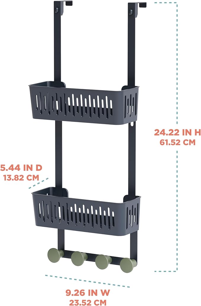 Zenna Home SnugFit Over the Door Caddy Organizer with 2 Storage Baskets and 4 Hooks, Over Door Hanging Organizer for Bathroom, Kitchen, Bedroom, Closet, Easy to Install, No Drilling, Blue