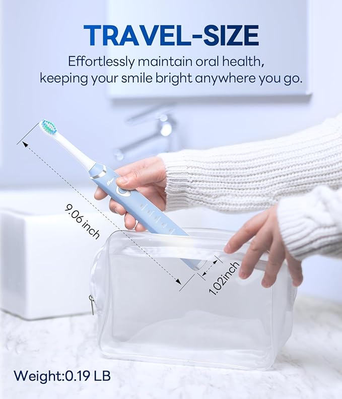 Bymore Electric Toothbrush for Adults,Travel Sonic Toothbrush with 8 Replacement Heads, Ultra Clean Rechargeable Toothbrush Portable One Charge for 330days 5 Modes 2mins Timer-Sky Blue
