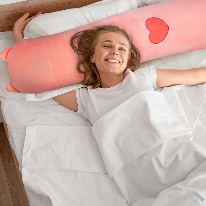 Mewaii Artist-Designed Ultra Soft Long Cat Plush Body Pillow, Extra Stuffing for Comfort, Premium Quality Stuffed Animal Gift for Girlfriend or Cat Lovers (Pink Cat Body Pillow 53 Inch)