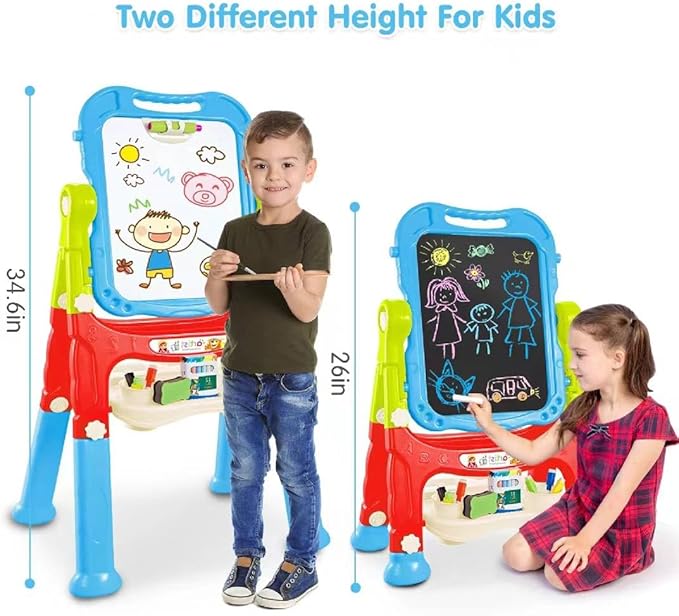 Kids Art Easel, Adjustable Drawing White Board & Chalk Board, Toddler Standing Easel with Painting Accessories, Gift for Girls Boy (Blue)