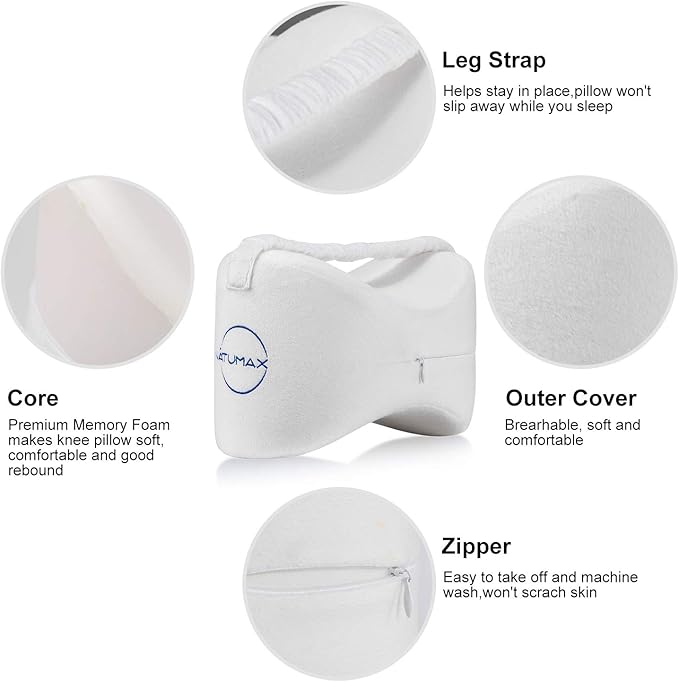 Knee Pillow for Side Sleepers - Sciatica Pain Relief - Back Pain, Leg Pain, Pregnancy, Hip and Joint Pain Memory Foam Leg Pillow + Free Sleep Mask and Ear Plugs - White