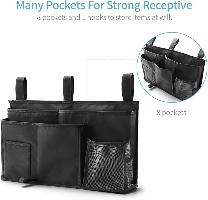 Bseash Bunk Bed Organizer, Bedside Caddy Hanging Bed Organizer Storage Bag 8 Pockets, for College Dorm Rooms Bed, Hospital Bed, Baby Bed Rails, 600D Oxford Cloth