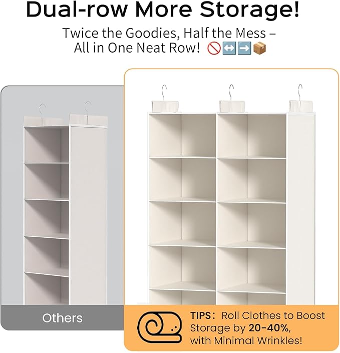 ALLTIDYUP White 5-Tier Hanging Closet Storage Organizer - Space-Saving Dual-Row Foldable Shelves with 3 Hooks, Wardrobe Organizer for Dorm, Bedroom, Clothes and Accessories