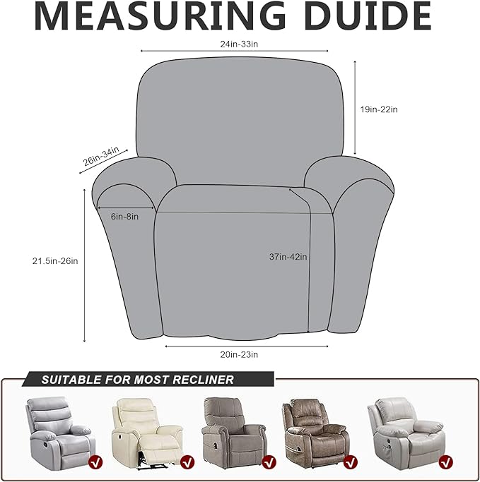 Leather Look Recliner Chair Covers Stay in Place 4-Piece Lazy Boy Recliner Slipcovers for Reclining Chair Furniture Protector Spandex Fabric Washable (Large, Dark Brown)