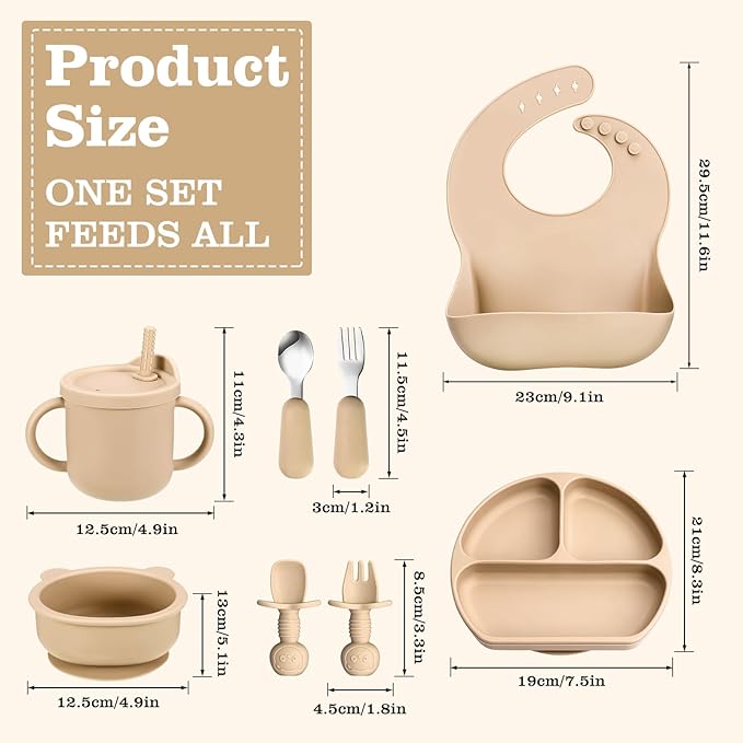 Silicone Baby Feeding Set, Baby Led Weaning Supplies with Suction Bowl Divided Plate, Toddler Self Feeding Dish Set with Spoons Forks Sippy Cup Adjustable Bib, Eating Utensils for 6+ Months(Khaki)