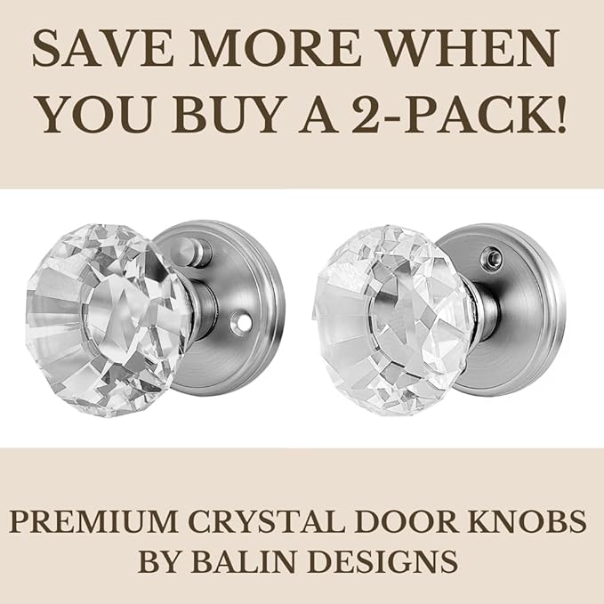 Silver Crystal Door Knob, Glass Door Knobs Interior Non-Locking Set, Antique Decorative Vintage Style for Hallway, Closet, Passage Doors, 1 Pack