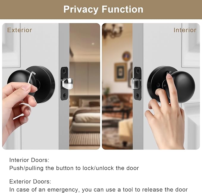 Matte Black Door Knob, Privacy Door Knobs Interior with Push-Button, Vintage Door Knob with Lock for Bedroom and Bathroom, 1 Pack