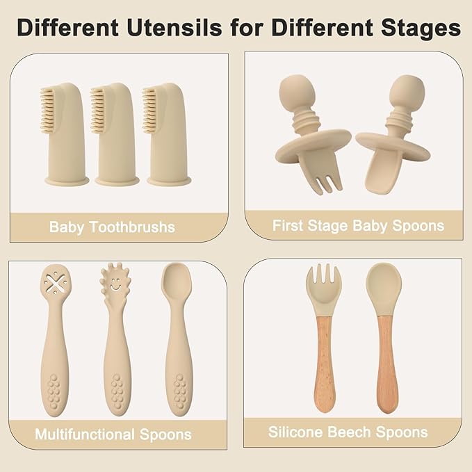 Silicone Baby Feeding Set 14 Pcs,Baby Led Weaning Supplies, Baby Spoons Suction Bowl Divided Plate Bib Cup Finger Brush,First Stage Solid Food Eating Utensils - 6+ Months(Beige)