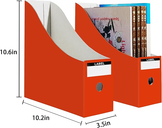Limitliho 2 Pack Cardboard Magazine Storage Boxes, Vertical File Organizer Box for Desk or Shelves, Book Holder for Classroom,Office,Home(Orange-Red, 10.6" H x 10.2" L x 3.5" W in)