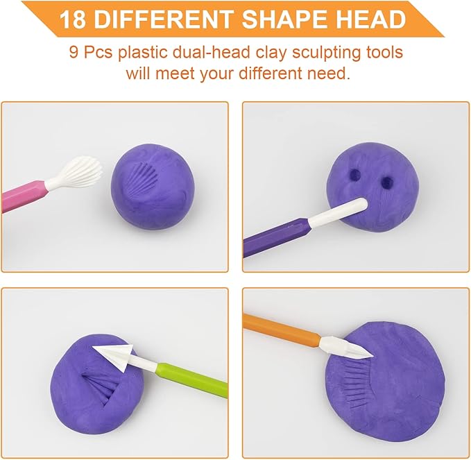 9PCS Clay Tools for Kids, Luney Double-Head Plastic Clay Sculpting Tools, for Crafts, Baking, Carving, Modeling, Shaping(Assorted Colors)