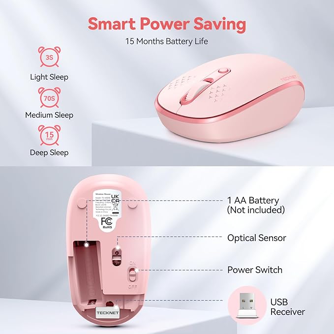 TECKNET Wireless Mouse, 2.4G Quiet Computer Mouse with USB Receiver, 4 Buttons Portable Cordless Mice for Chromebook, Laptop, PC, Mac, 800/1200/1600 DPI - Pink